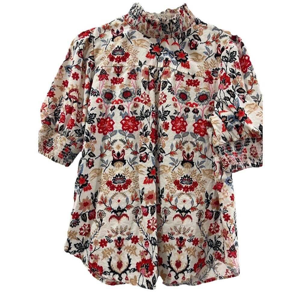 LOFT Womens Size XXSP Top Floral Multi Color Short Sleeve High Neck